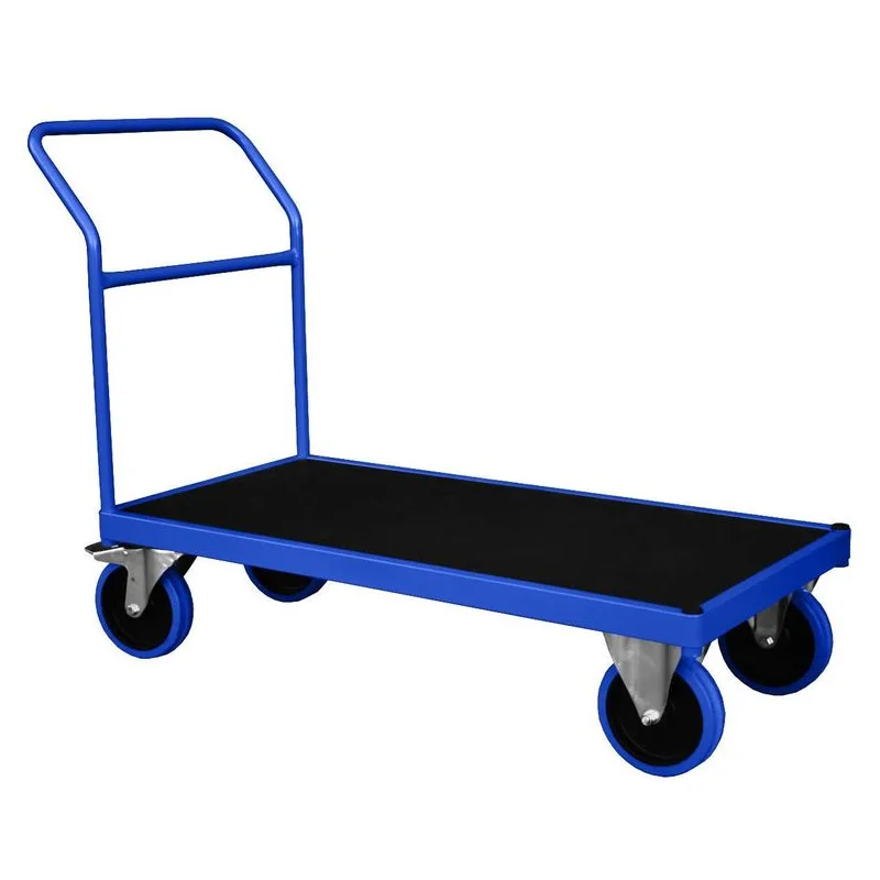 Chariot plateau bleu à quatre roues avec poignée