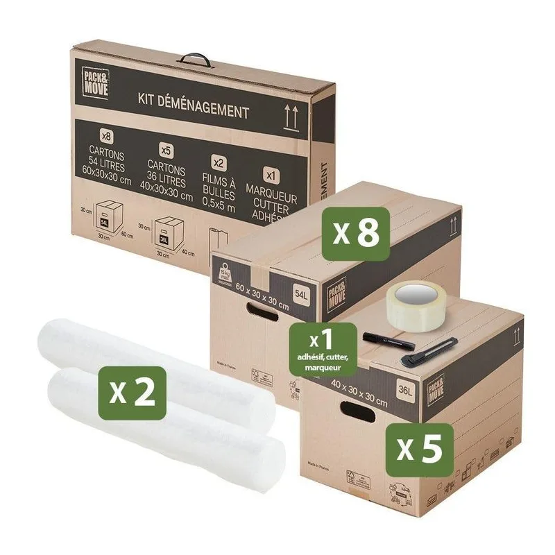 Kit de déménagement complet avec cartons, adhésif et papier bulle (image d'illustration)